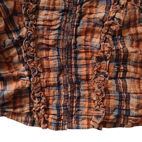 Anthropologie Verb Ruffled Plaid Top 2X Orange Navy Smocked Cotton Blouse - Picture 6 of 12